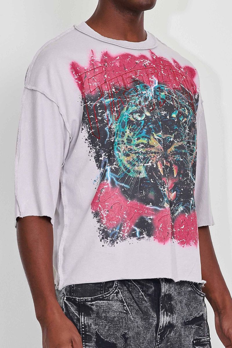 FR Warning Not So Quiet Savage Leopard Cropped Tee Light Grey