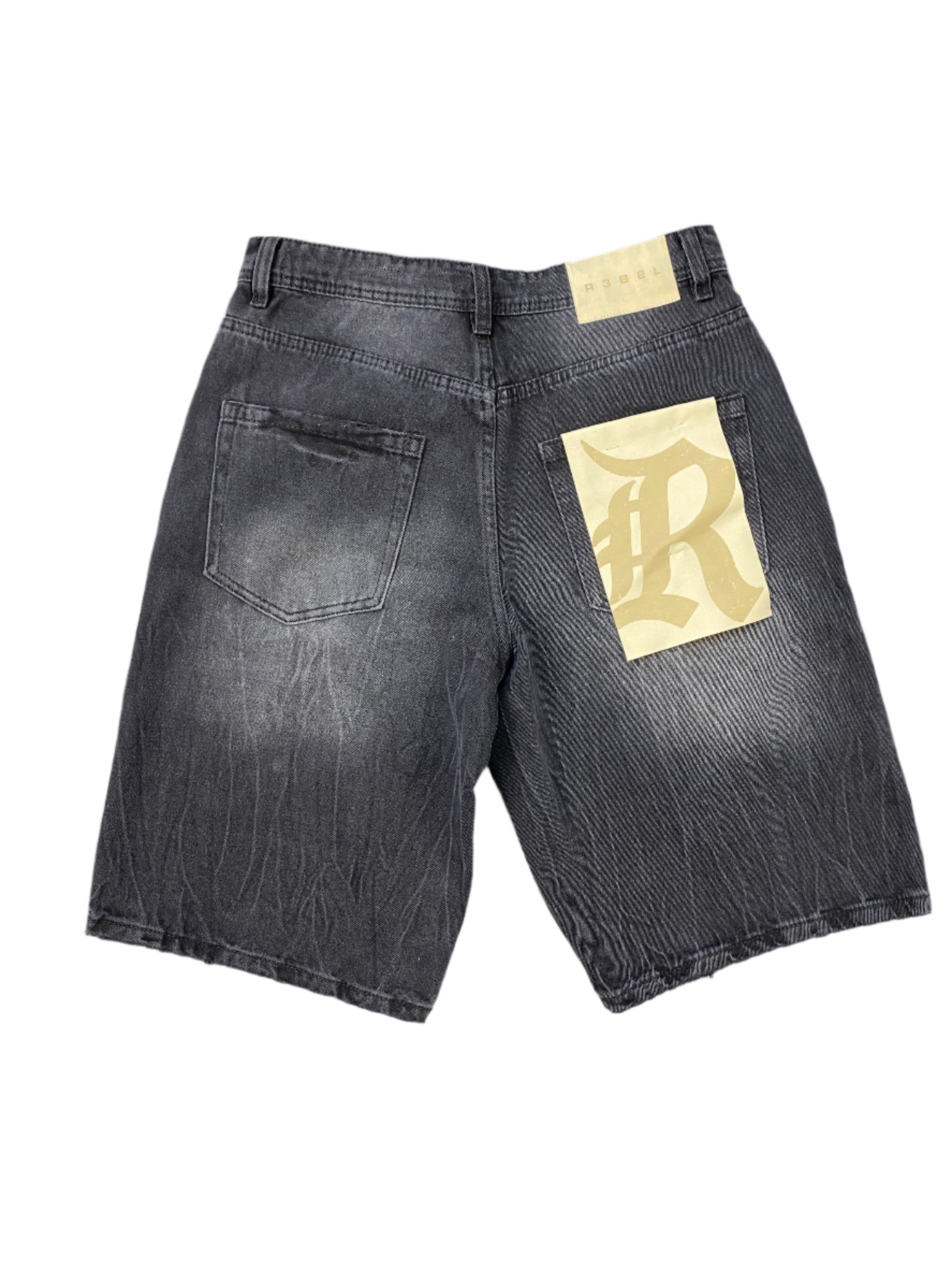 R3bel Denim Jorts Bone Patch Distressed Black