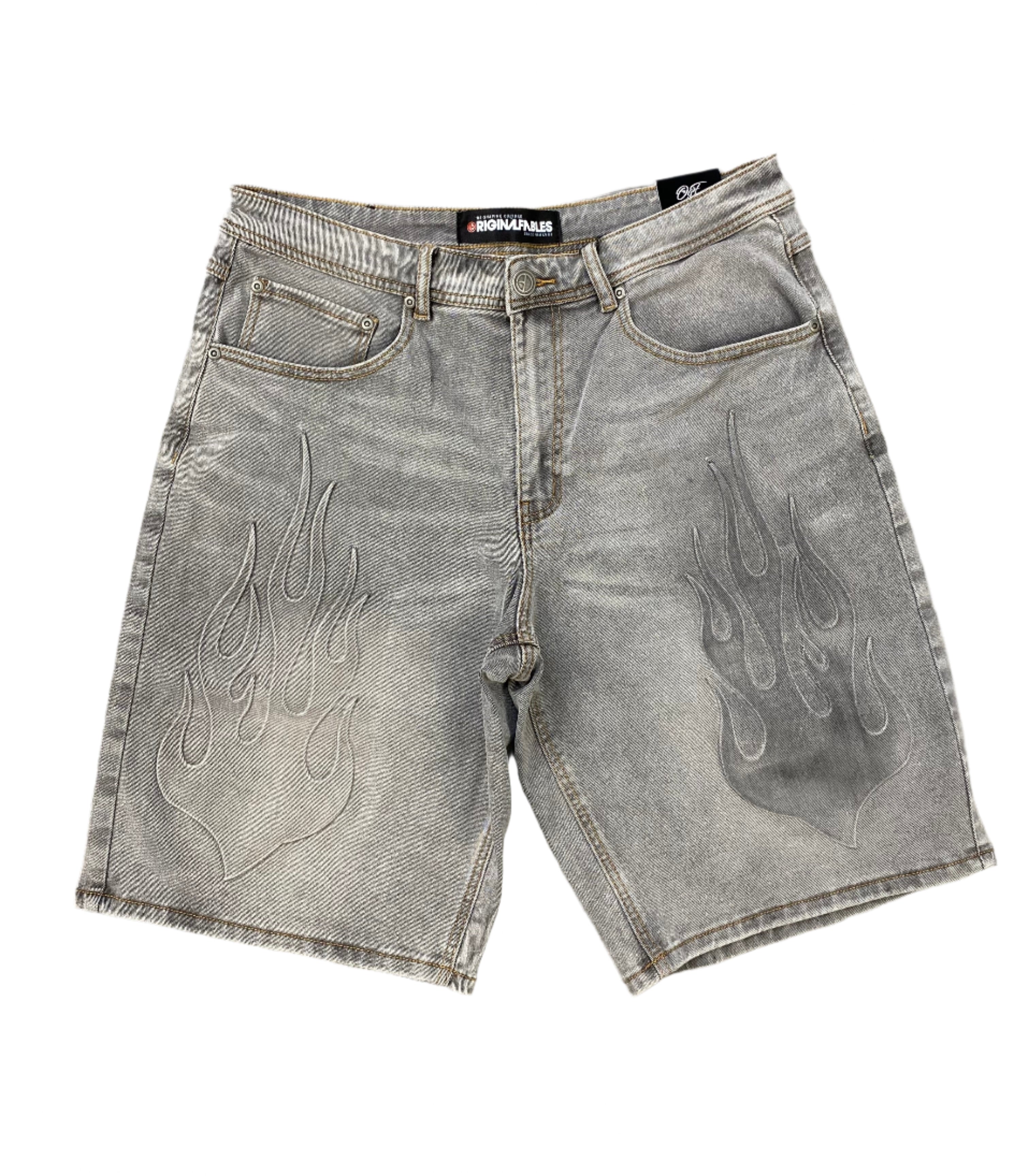 Flame Emboss Denim Jorts Grey