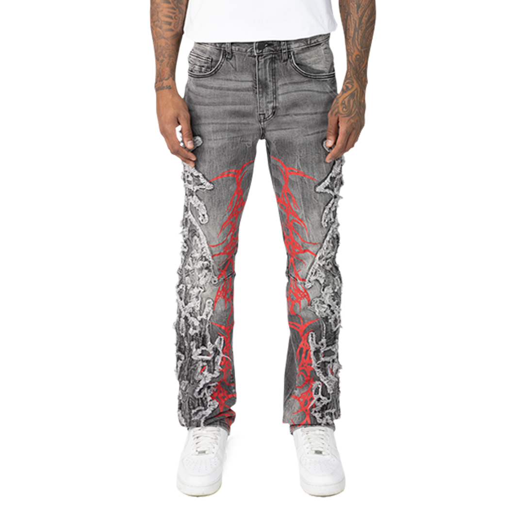 Rise Fray Patch Fashion Jeans Shibuya Black 25126