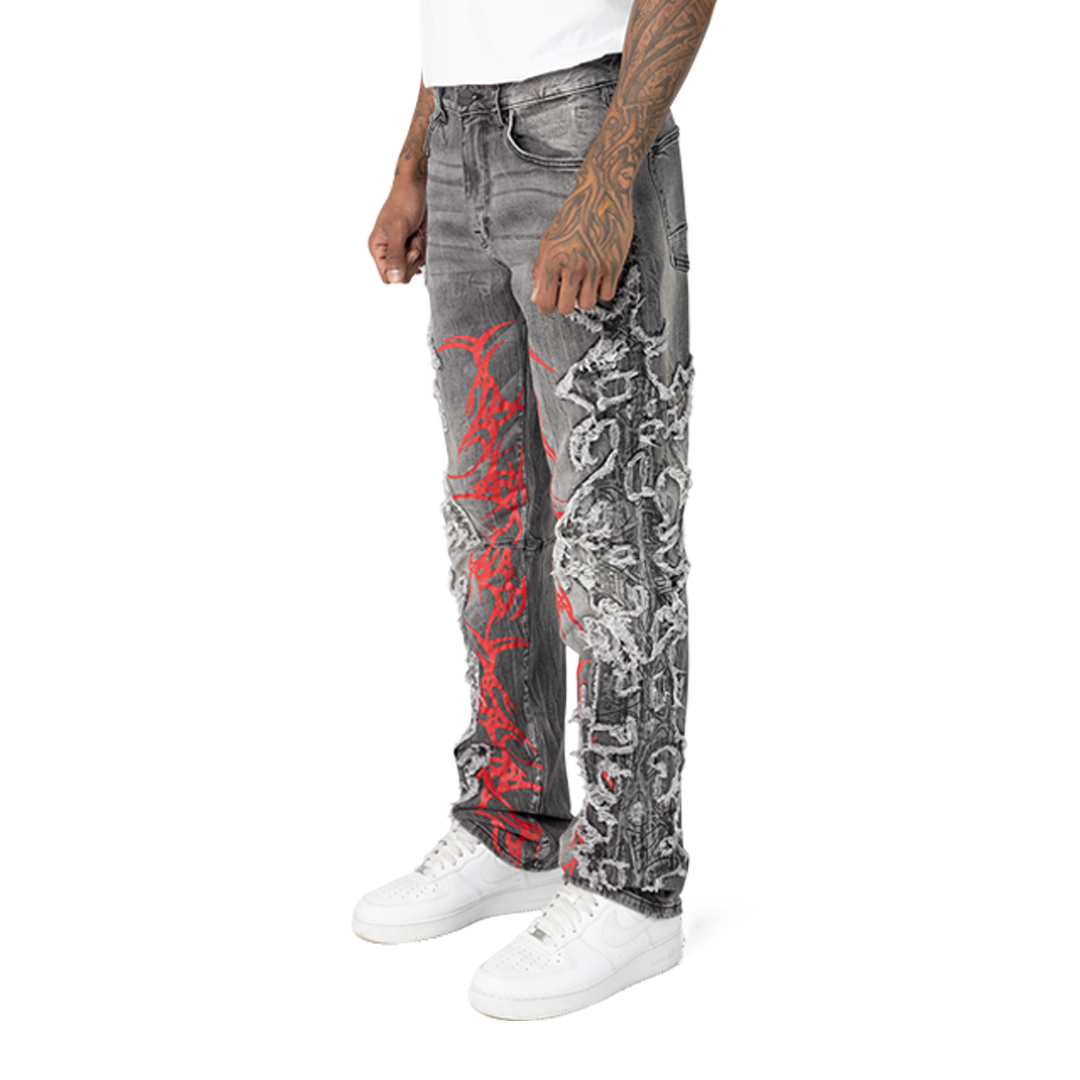 Rise Fray Patch Fashion Jeans Shibuya Black 25126