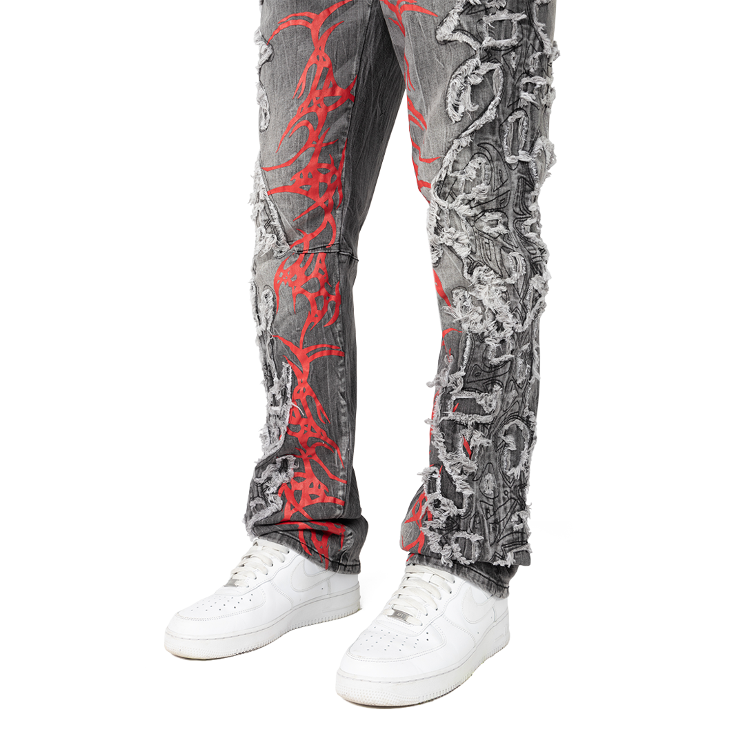 Rise Fray Patch Fashion Jeans Shibuya Black 25126