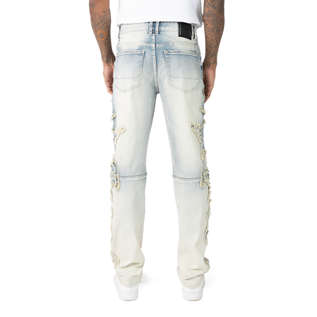 Rise Fray Patch Fashion Jeans Ombre Blue 25126