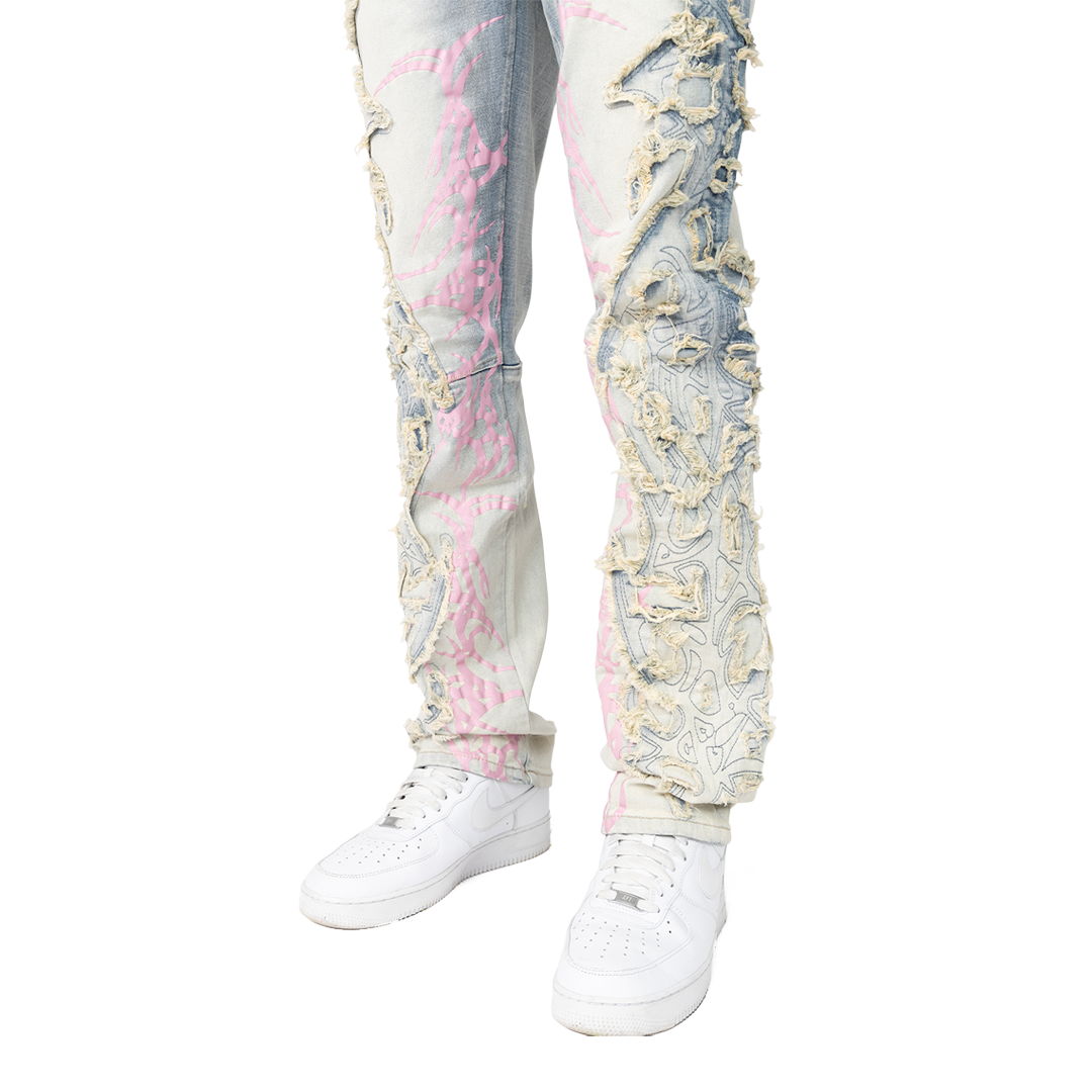 Rise Fray Patch Fashion Jeans Ombre Blue 25126