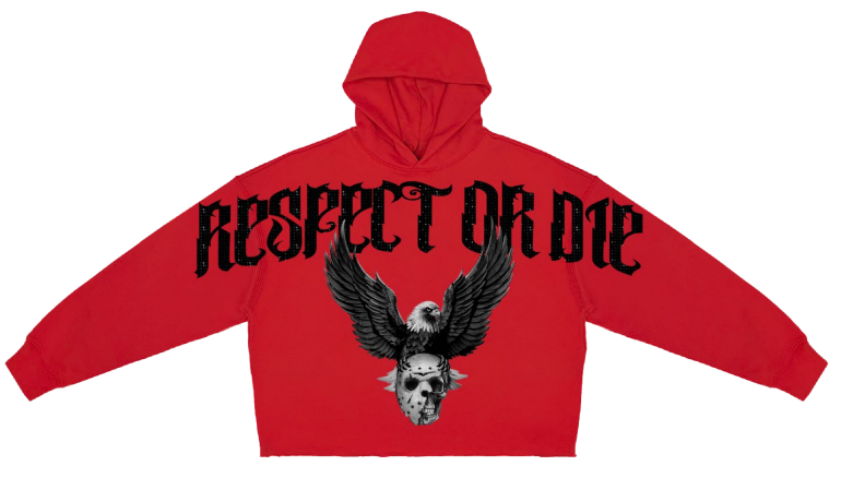 Roku Respect Or Die Rhinestone Copped Hoodie Red
