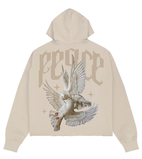 Roku Rhinestone Peace Crop Hoodie Taupe