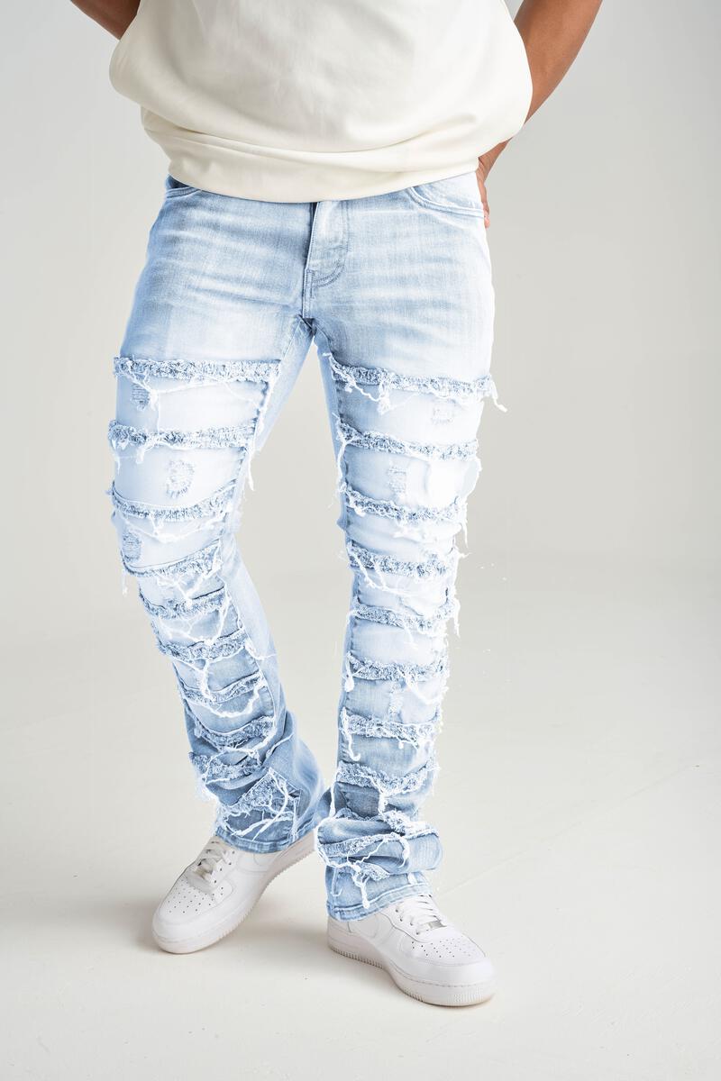 Stretch Stacked Denim With Frayed Patch Blue