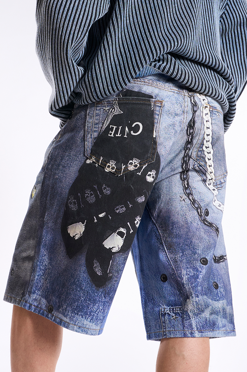 W Printed Denim Jorts Blue Wash M7491T