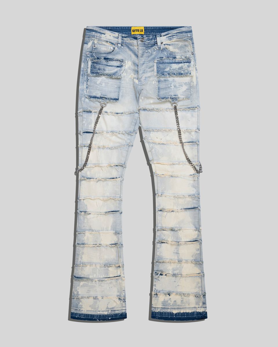 Gftd Chained Distressed Stacked Flare Light Wash