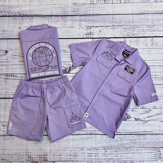 Smoke Rise Printed Pitstop Polished Twill Shorts Set Dusty Purple