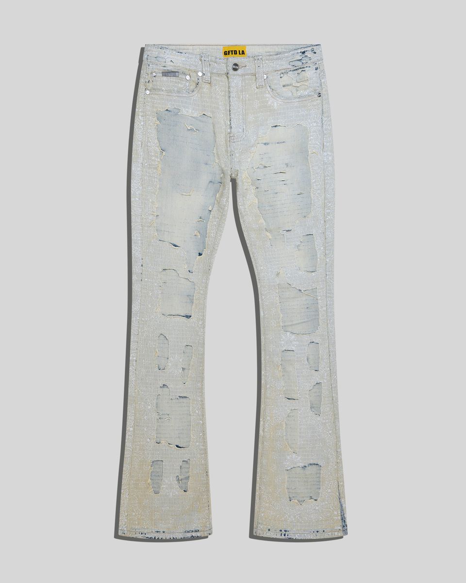 Gftd Mike Distressed Stacked Flare Mid Wash