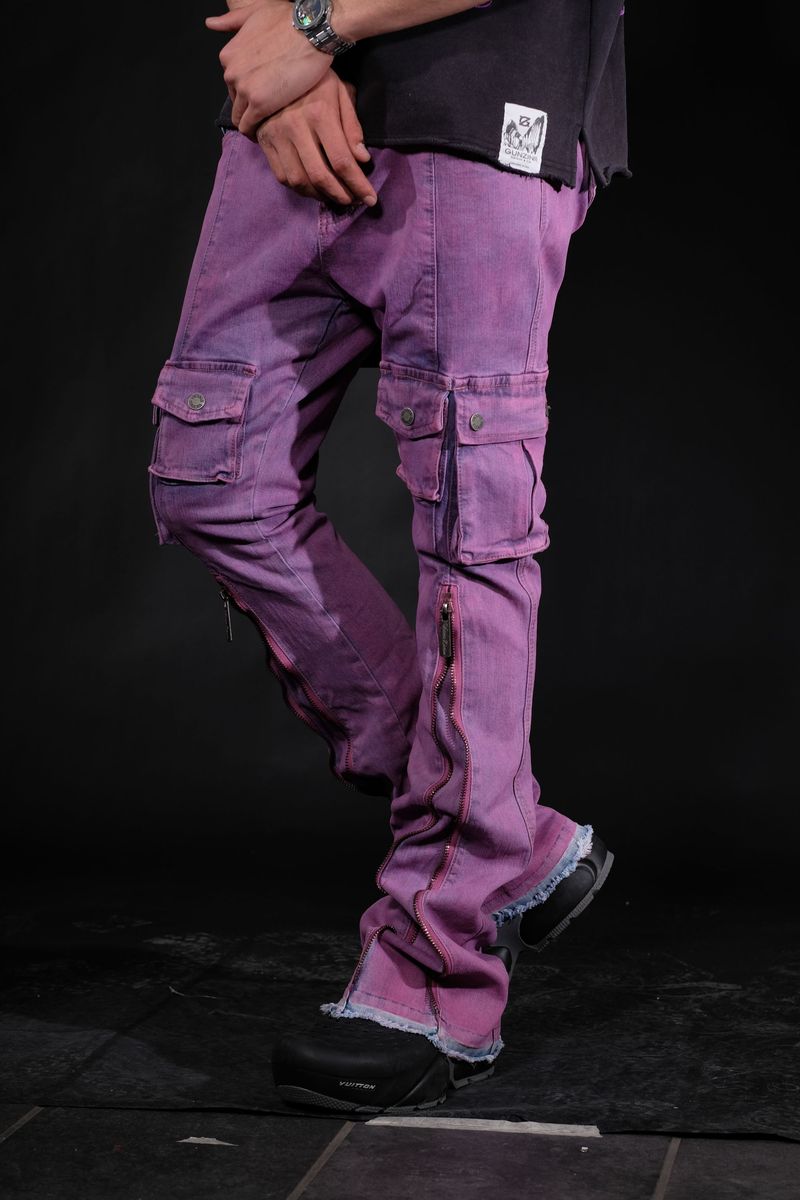 Vicious Multi Front Cargo Stacked Flare Denim Pink/Purple