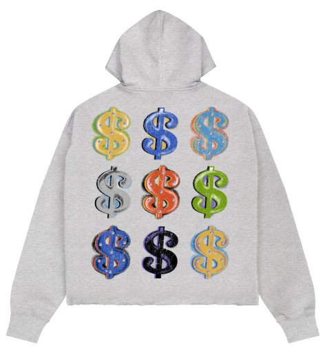 Roku Cash Flow King Rhinestone Cropped Hoodie Grey