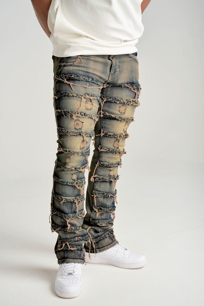 Stretch Stacked Denim With Frayed Patch Dark indigo