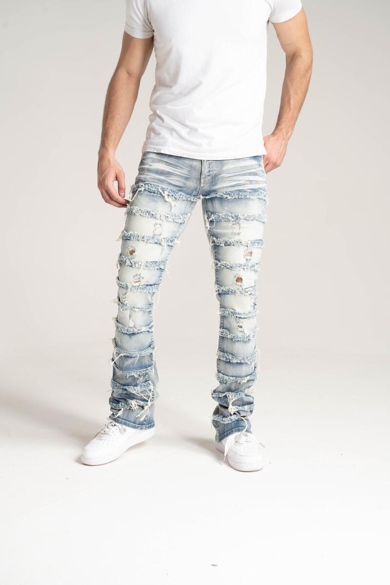 Stretch Stacked Denim With Frayed Patch Tint