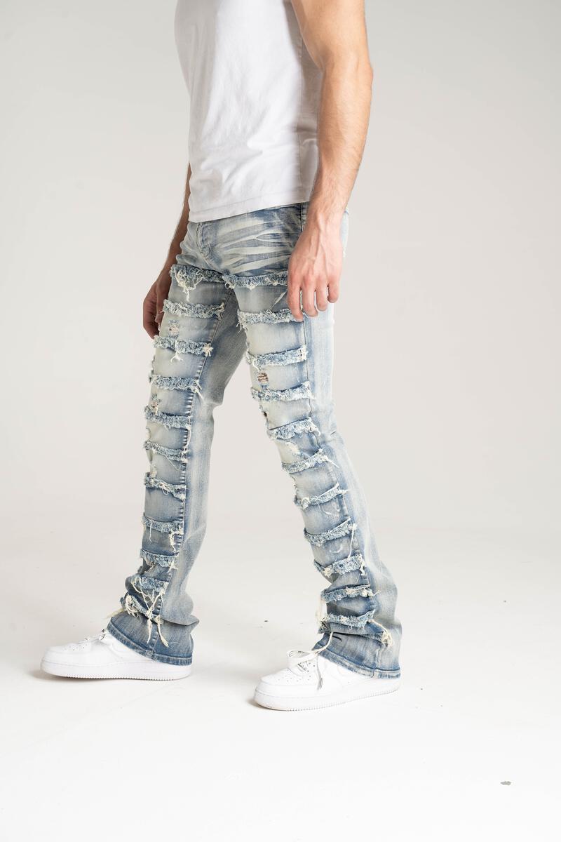 Stretch Stacked Denim With Frayed Patch Tint