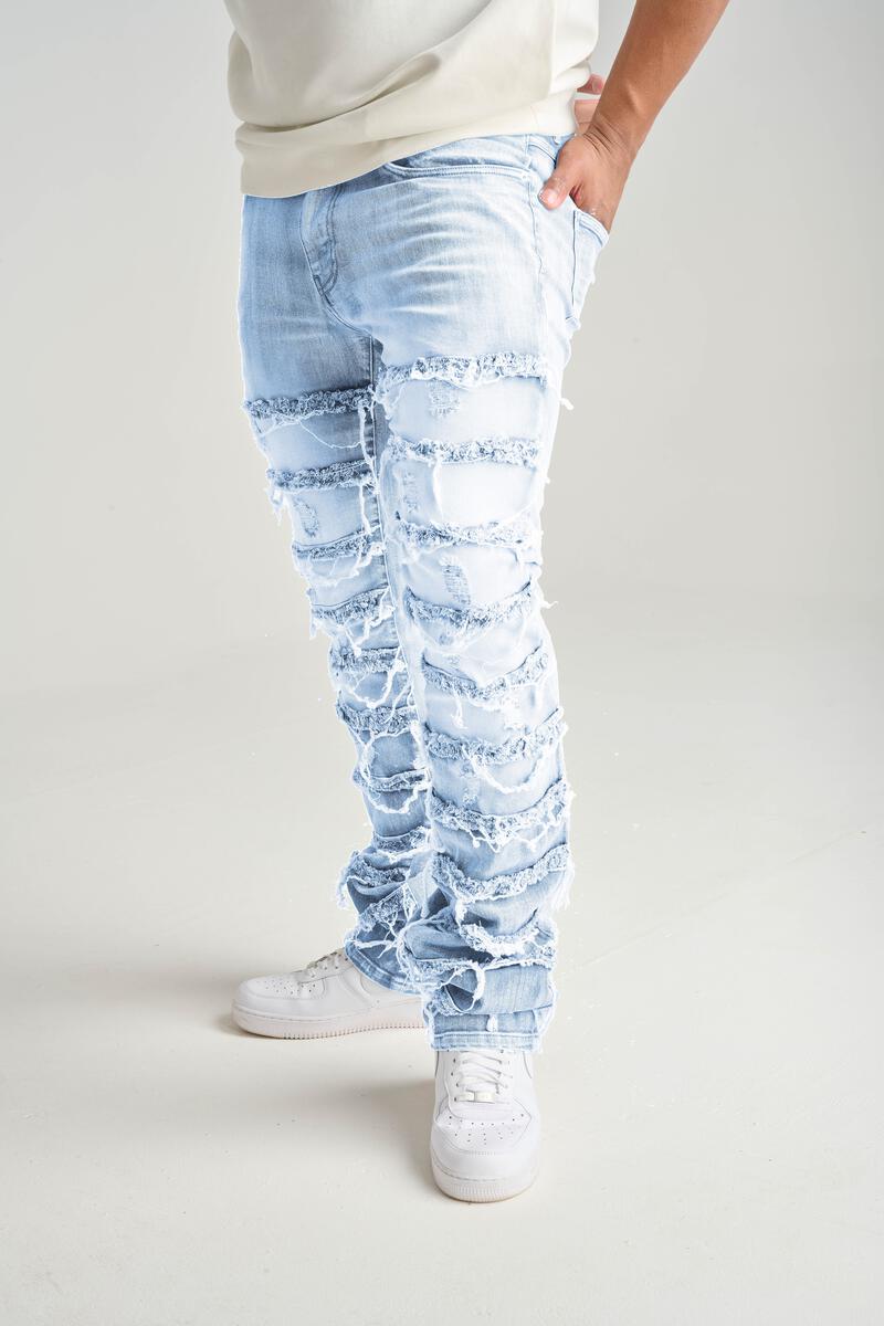 Stretch Stacked Denim With Frayed Patch Blue