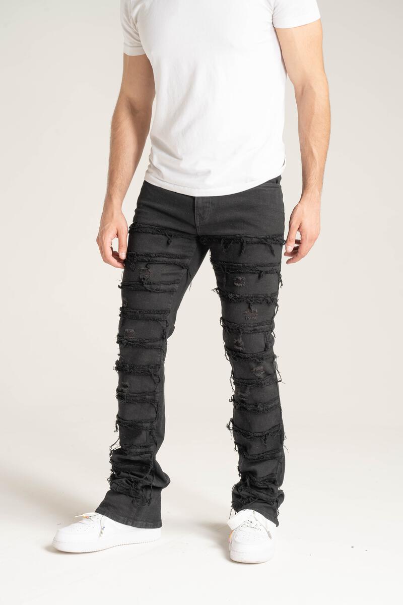 Stretch Stacked Denim With Frayed Patch Black