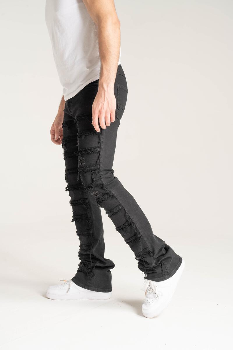 Stretch Stacked Denim With Frayed Patch Black