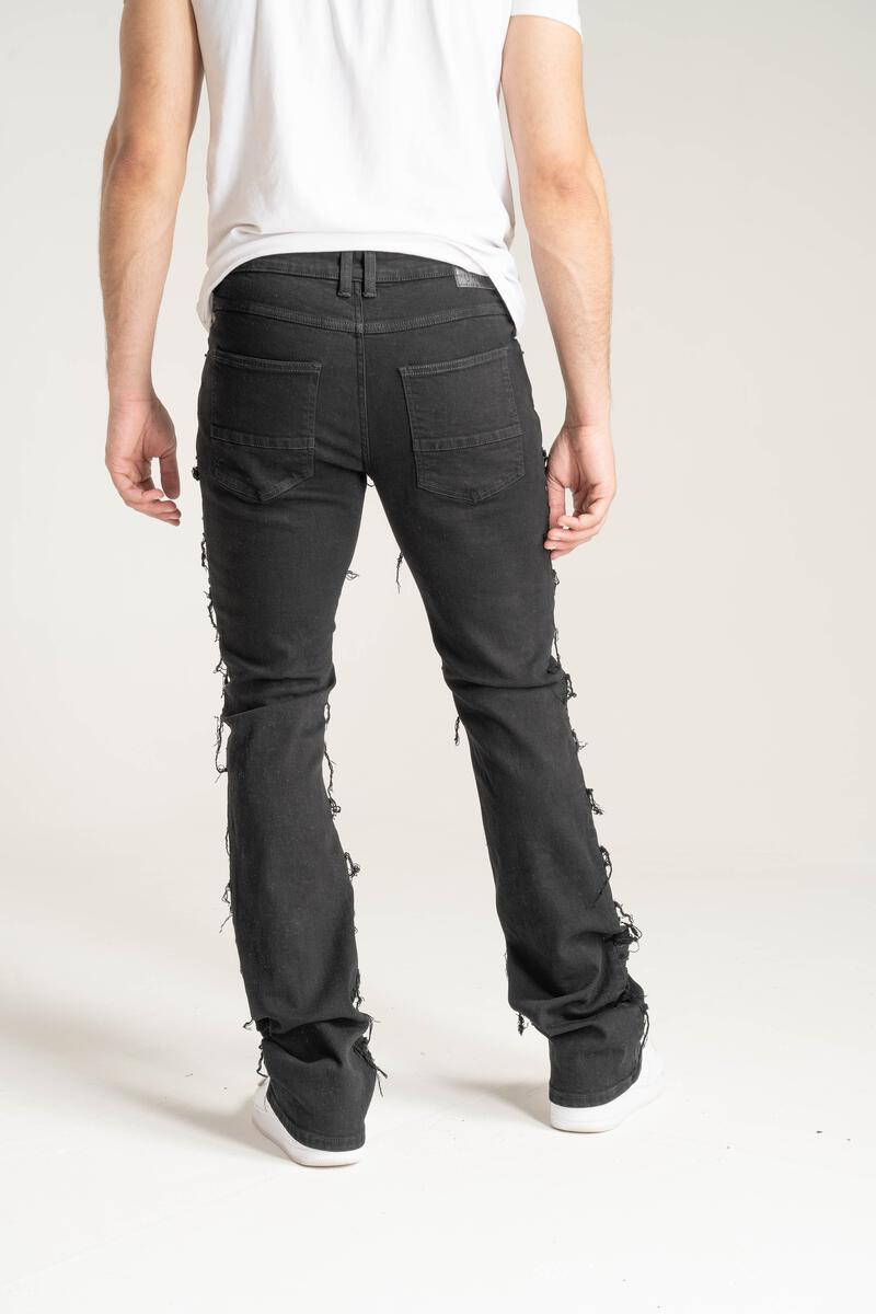 Stretch Stacked Denim With Frayed Patch Black