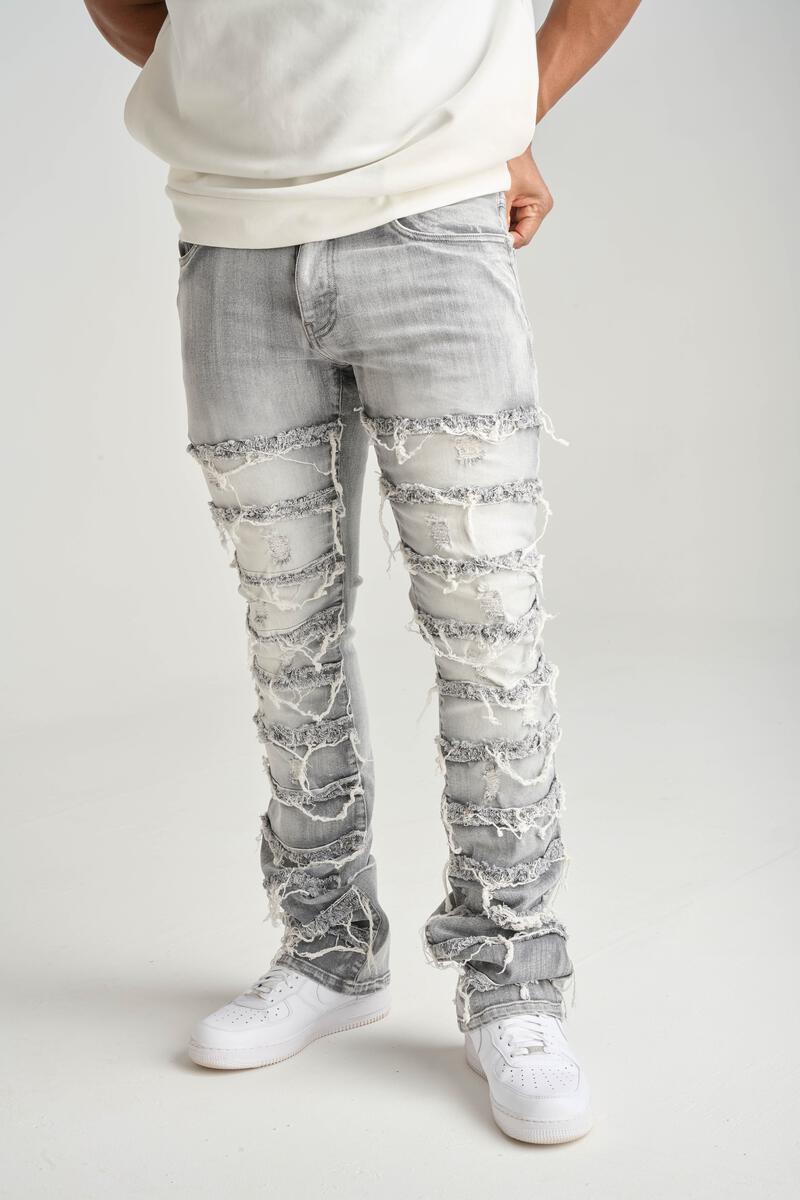 Stretch Stacked Denim With Frayed Patch Grey