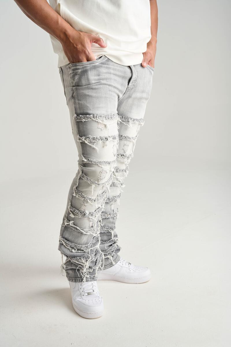 Stretch Stacked Denim With Frayed Patch Grey